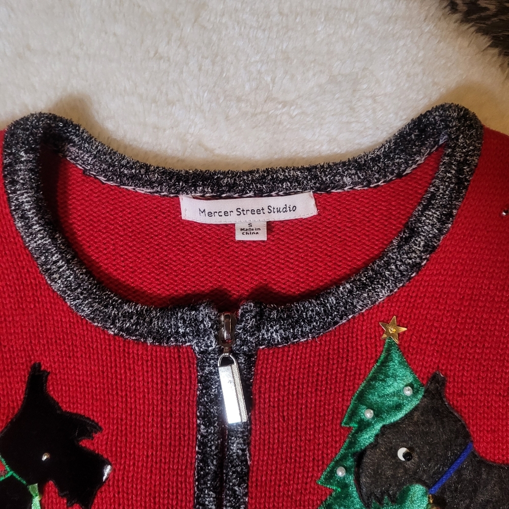 Vintage Ramie And Cotton Festive Scotties Christmas Zip-up Cardigan In Red Sz S - Picture 3 of 6